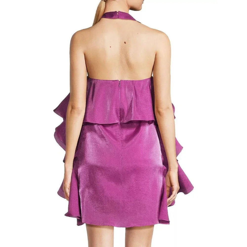 One33 Social Halter Mini Dress Chiffon Ruffle Fuchsia Size 6 New With Tag - Picture 3 of 3